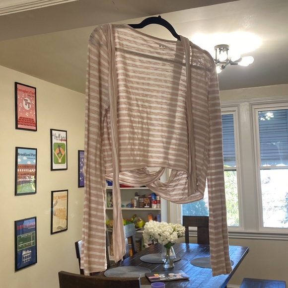 Three Dots Cream and White Stripped Cross Tie Wrap Long Sleeves Top - Picture 3 of 6